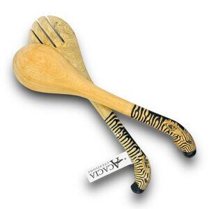 Hand-Carved Wooden ZebraSalad Serving Spoons Zebra Servers Sustainable Decor NEW